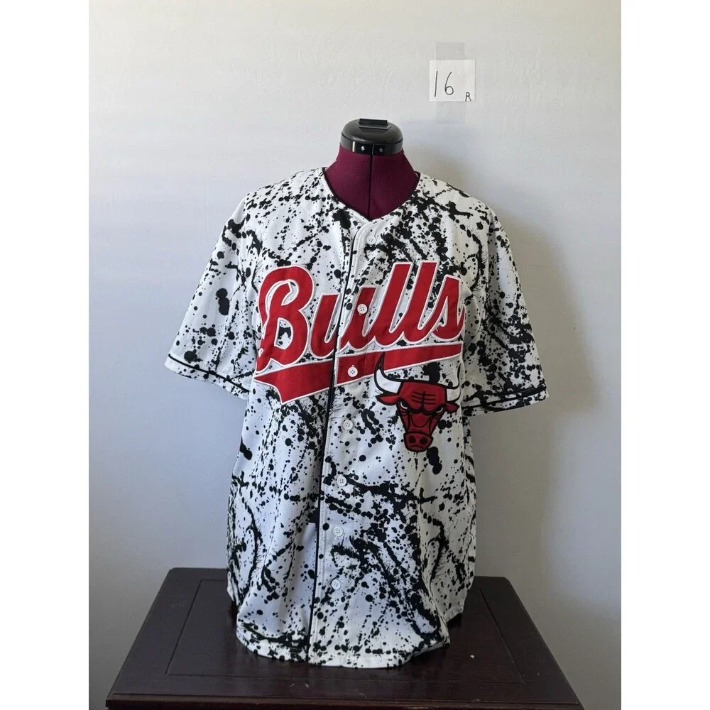 Chicago Bulls Paint Splatter Baseball Jersey White Black Red XL